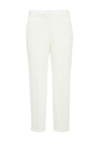 Witte op maat gemaakte broek van gladde stof. Kenmerkt zich door een platte voorkant, zijzakken en een recht model. Geen zichtbare patronen of accenten.