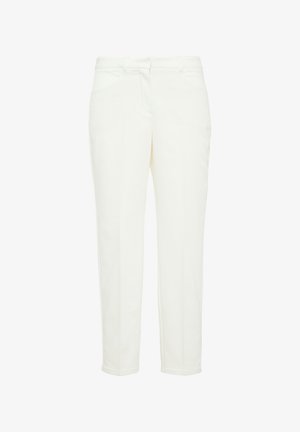 Weiße maßgeschneiderte Hose aus glattem Stoff. Sie verfügt über eine flache Vorderseite, Seitentaschen und ein gerades Bein-Design. Keine sichtbaren Muster oder Akzente.