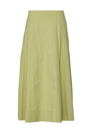 Jasnozielona spódnica midi w kształcie litery A z gładką fakturą i dopasowanym pasem.