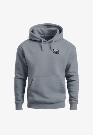 Gray hoodie with a drawstring hood, front pocket, and small black logo featuring goggles and mountains on the left chest area.