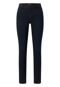 Tmavě modré džíny z denimu s úzkým střihem, pěti kapsami a hladkou texturou. Mají zapínání na knoflíky a elastický pas pro pohodlí.