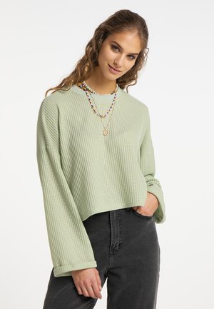 Pulover scurt, ribbat, de culoare verde deschis, cu mâneci lungi, asociat cu pantaloni gri închis. Accesoriile includ coliere suprapuse cu mărgele colorate.