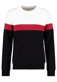 Sudadera de cuello redondo con bloques de color negro, rojo y blanco. Cuenta con mangas largas, puños y dobladillo acanalados, y una textura suave de algodón.