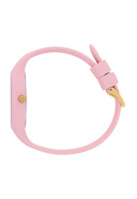 Montre en silicone rose avec un cadran rectangulaire, des finitions en métal doré et une finition lisse. Le bracelet dispose d'une fermeture sécurisée pour un ajustement personnalisé.