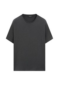 Mørkegrå kortærmet T-shirt med rund hals, lavet af bomuld, med en løs pasform og minimalisk design.