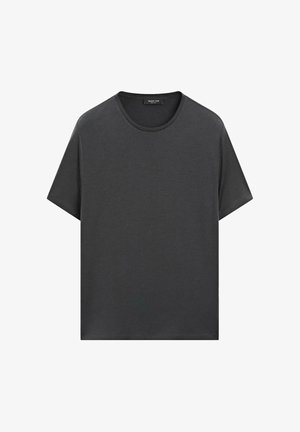Donkergrijze T-shirt met korte mouwen en een ronde halslijn, gemaakt van katoen, met een losse pasvorm en een minimalistisch ontwerp.