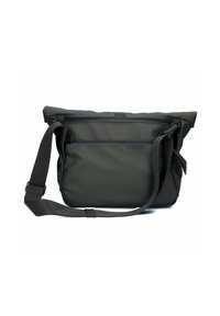 Bolso mensajero negro hecho de un tejido suave y duradero. Cuenta con una tapa plegable, una correa ajustable y un bolsillo exterior con cremallera para almacenamiento.