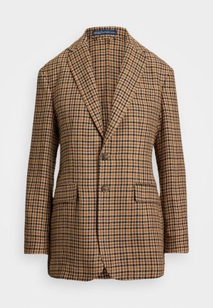 Brown and black checked blazer with a notch lapel, two front pockets, and two buttons, made of textured fabric.