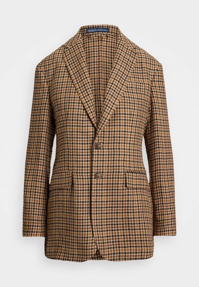 Bruin en zwart geruite blazer met een notch lapel, twee voorkruiden en twee knopen, gemaakt van gestructureerde stof.