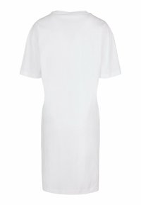 Rochie din bumbac alb cu guler rotund, mâneci scurte și croi drept. Textură netedă, design minimalist și fără modele vizibile.
