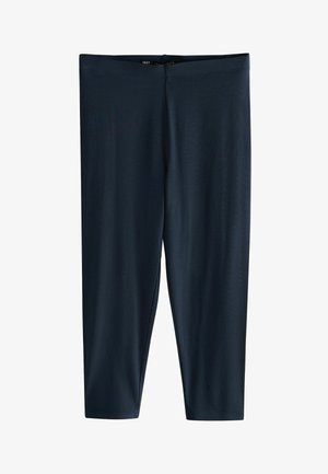 Colanți scurți bleumarin cu talie elastică, confecționați din material fin și elastic, prezentați întinși pe un fundal alb.