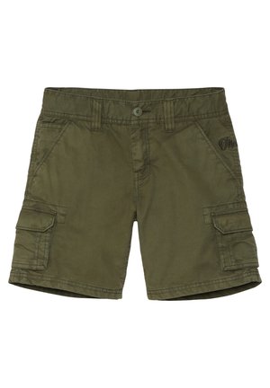 Oliwkowozielone szorty cargo z zapięciem na guzik, przednimi i bocznymi kieszeniami na klapę, szlufkami na pasek oraz detalami przeszyć.