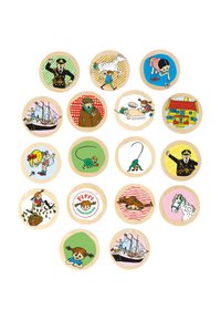 Set von 16 runden Holzkarten mit verschiedenen bunten Illustrationen, darunter Charaktere und Szenen aus "Pippi Langstrumpf."