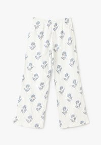 Witte wijde broek gemaakt van gestructureerd stof, met een blauw bloemmotief en kleine accenten. Elastische tailleband voor comfort.