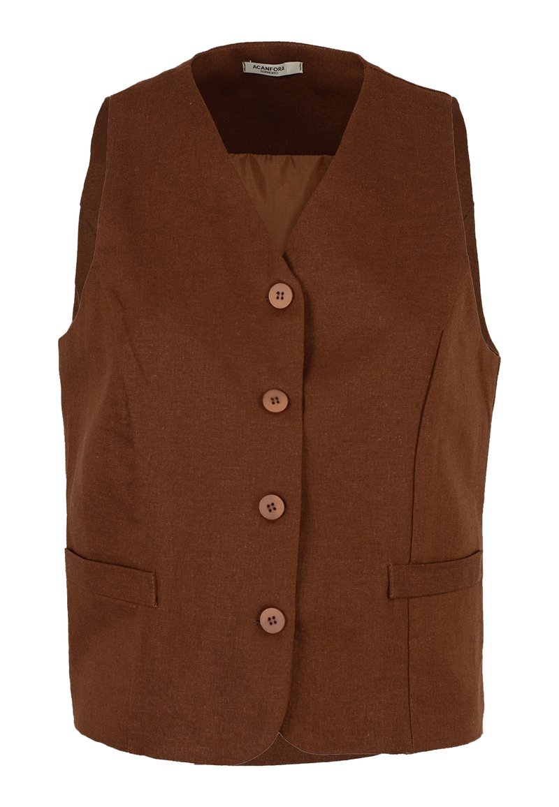 Gilet senza maniche marrone realizzato in tessuto testurizzato, con chiusura frontale a bottoni composta da tre bottoni e due tasche laterali.