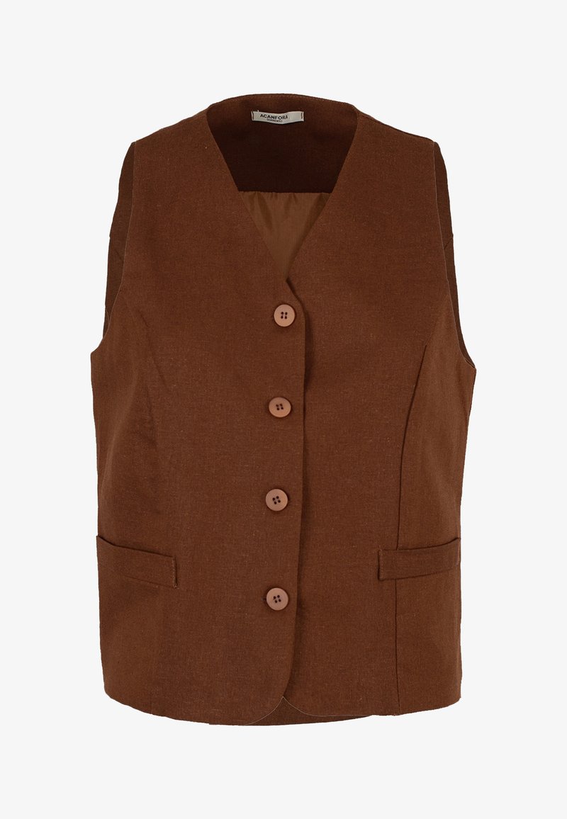 Gilet senza maniche marrone realizzato in tessuto testurizzato, con chiusura frontale a bottoni composta da tre bottoni e due tasche laterali.