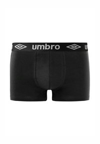Boxer noir en coton avec une coupe ajustée. Présente une large ceinture élastique portant la marque "Umbro" en lettres blanches.