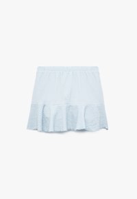 Lichtblauwe, geweven rok met een gerimpelde zoom. Heeft een elastische tailleband voor comfort en een vloeiende ontwerp.