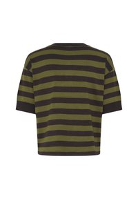 Chemise à manches courtes avec larges rayures horizontales noires et vert olive, vue de dos sur fond blanc.