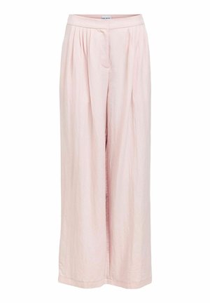 Pantalones anchos de color rosa claro con pinzas en la cintura y una cinturilla lisa, cierre frontal oculto por la tela.