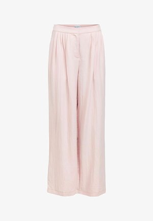 Pantalones anchos de color rosa claro con pinzas en la cintura y una cinturilla lisa, cierre frontal oculto por la tela.