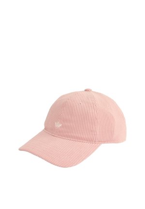 Roze corduroy baseballpet met gebogen klep en klein geborduurd logo aan de voorzijde in het midden.