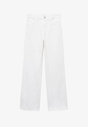 Biele široké džínsy vyrobené z denimu, s vysokým pásom, dizajnom piatich vreciek, zapínaním na gombík a strapcovým lemom. Hladká textúra po celom povrchu.
