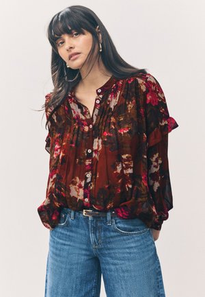 Next REGULAR FIT - LONG SLEEVE RUFFLE SLEEVE - Button-down blouse - brown pink floral