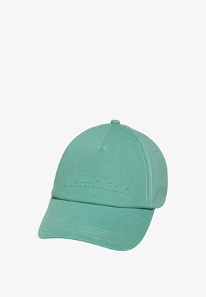 Türkise Baumwollmütze mit gebogenem Schirm, die dezente Nähte und ein geprägtes Logo auf der Vorderseite aufweist.