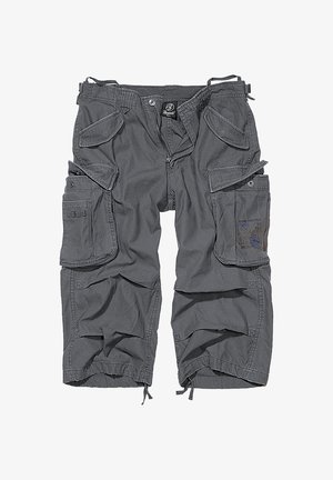 Pelēkas kravas šorti izturīgā audumā, ar vairākām kabatām, rāvējslēdzēja priekšpusi, regulējamu vidukli un aukliņām apakšmalā.