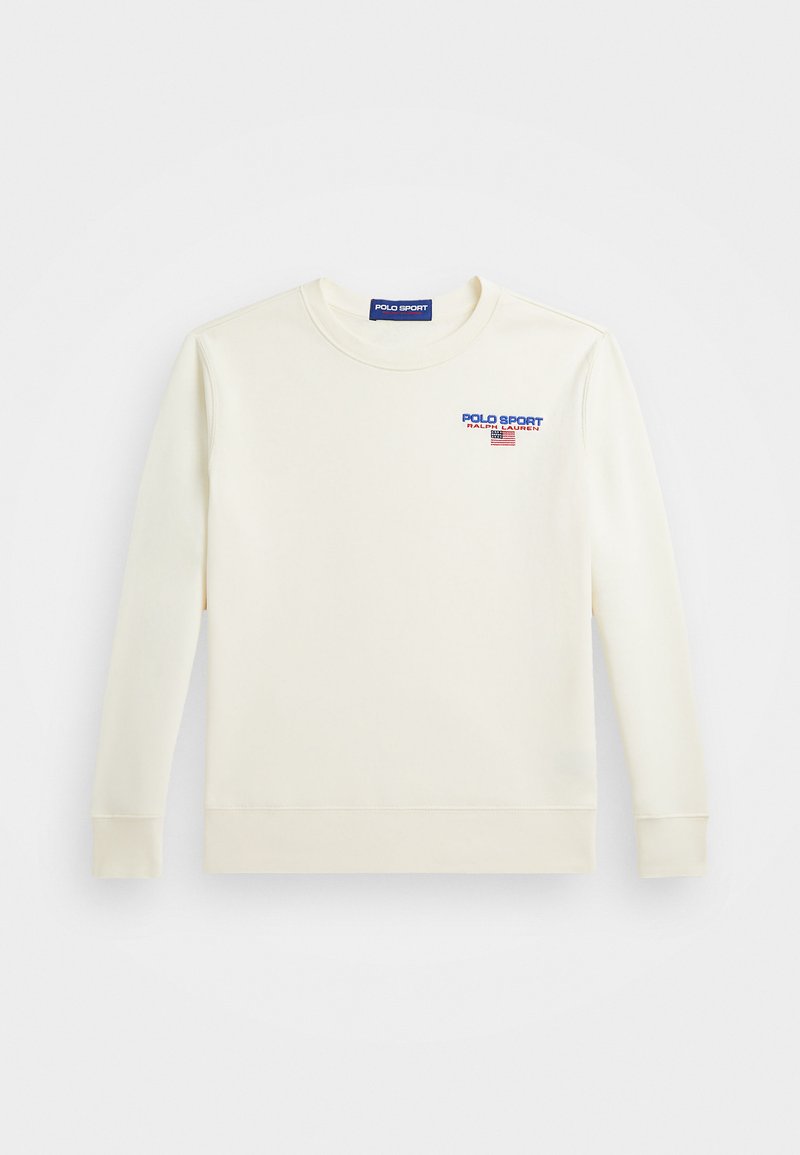 Kremfarget sweatshirt laget av mykt stoff, med rund hals og lange ermer. Viser en blå og rød logo på brystet.