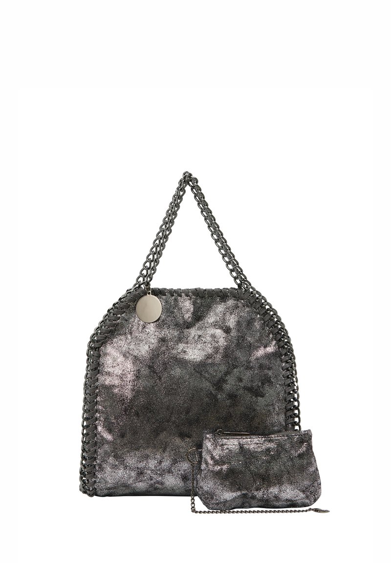 Metallic gray tote bag with a textured surface, featuring a chunky chain handle and a small detachable pouch.