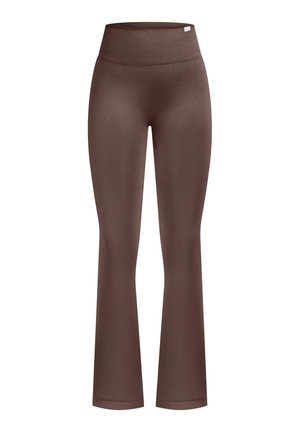 Brązowe legginsy rozszerzane wykonane z elastycznego materiału z wysokim stanem. Gładka tekstura, bez widocznych wzorów ani akcentów, prosty design.