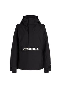 Čierna mikina s kapucňou, ktorá má predné vrecko a výrazné biele logo "O'NEILL". Materiál vyzerá hladko s matným povrchom.