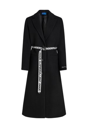 Black wool-blend coat with a tailored fit, featuring a notched lapel, button closure, and a branded white belt tied at the waist.