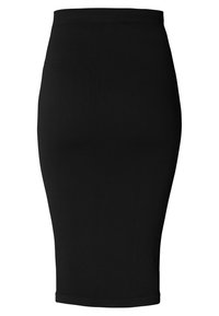 Zwarte geribbelde kokerrok met een hoge taille. Heeft een aansluitend ontwerp dat naar net boven de knie toelopend is, gemaakt van een rekbare stof.