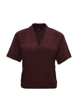 Maglietta in maglia bordeaux con scollo a V, maniche corte e un motivo a costine testurizzato. Presenta una vestibilità rilassata e un tessuto morbido.