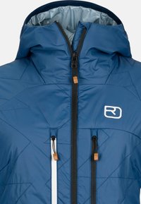 Blue insulated jacket with a hood, featuring quilted texture, black zipper, and two front pockets. Logo displayed on the chest area.