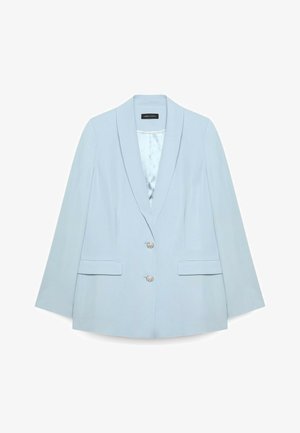 Jasnoniebieska damska marynarka z kołnierzem szalowym, dwoma ozdobnymi guzikami, kieszeniami z patką oraz gładkim, satynowym podszewką.