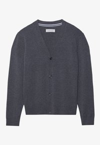 Grå kardiagan med v-ringning, sex svarta knappar och ribbade ärmslut. Tillverkad av mjukt material med minimal detaljering och inga synliga mönster.