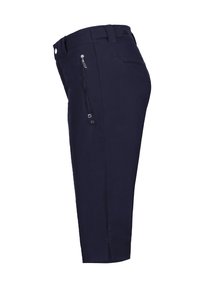 Marinblå knälånga cargoshorts med en dragkedjeficka, knappstängning i midjan och sydda sömmar. Tillverkade av lättviktigt material.