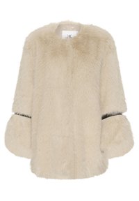 Faux-Fur-Mantel in Hellbeige mit rundem Ausschnitt, weiten Ärmeln und einem schwarzen Banddetail an den Ärmelbündchen. Weiche, strukturierte Oberfläche. 