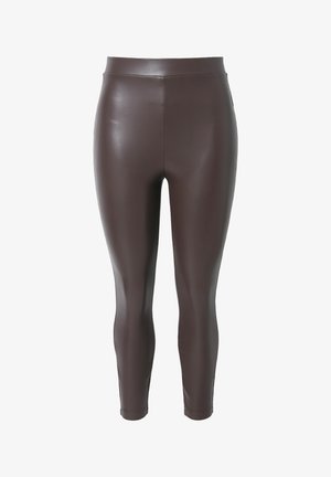 Dunkelbraune, hoch taillierte Leggings aus Kunstleder mit glattem, figurbetontem Design, das bis zu den Knöcheln reicht.