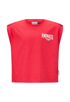 Rode mouwloze shirt met de tekst "MONACO French Riviera La France" in het wit gedrukt op de linkerbovenkant van de borst, voorzien van gewatteerde schouders en een ronde hals.