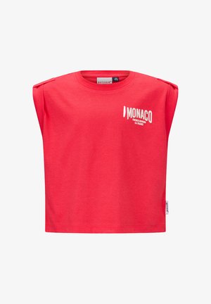 Maglia rossa senza maniche con la scritta "MONACO French Riviera La France" in bianco sulla parte superiore sinistra del petto, con spalle imbottite e scollo rotondo.