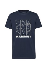 Navyblauwe t-shirt met een witte grafische afbeelding van klimuitrusting en de tekst "MAMMUT" onderaan.