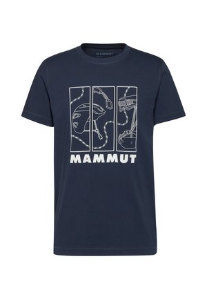 T-shirt blu navy con un design grafico bianco che presenta illustrazioni di attrezzatura da arrampicata e il testo "MAMMUT" in basso.