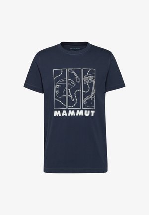 T-shirt blu navy con un design grafico bianco che presenta illustrazioni di attrezzatura da arrampicata e il testo "MAMMUT" in basso.