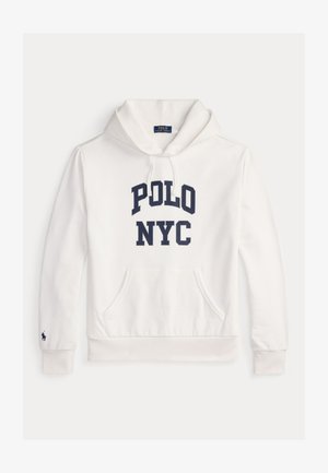 White hooded sweatshirt with "POLO NYC" printed in navy blue on the front and a small embroidered logo on the left sleeve cuff.