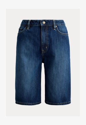 Pantaloni scurți din denim albastru închis, cu croială dreaptă, talie medie, închidere cu nasture metalic și cusături galbene contrastante de-a lungul cusăturilor.